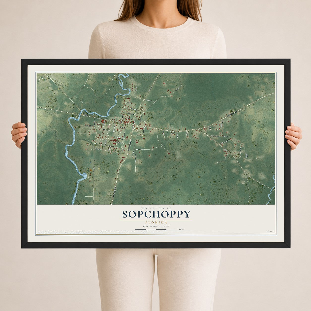 Sopchoppy, Florida map print, 24" x 36" W/ Black Ayous Wood Frame mockup