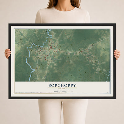 Sopchoppy, Florida map print, 24" x 36" W/ Black Ayous Wood Frame mockup
