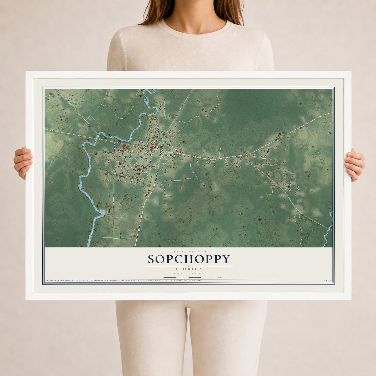 Sopchoppy, Florida map print, 24" x 36" W/ White Ayous Wood Frame mockup