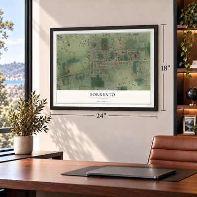 Sorrento, Florida map, 18 x 24 inch print in a black frame in a home office