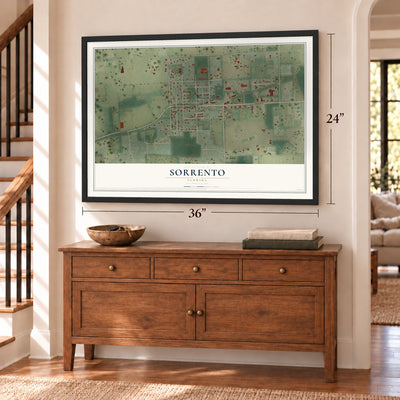 Sorrento, Florida map, 24 x 36 inch print in a black frame above a dresser by a staircase