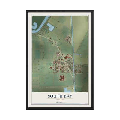 South Bay, Florida map print, 12" x 18" W/ Black Ayous Wood Frame mockup