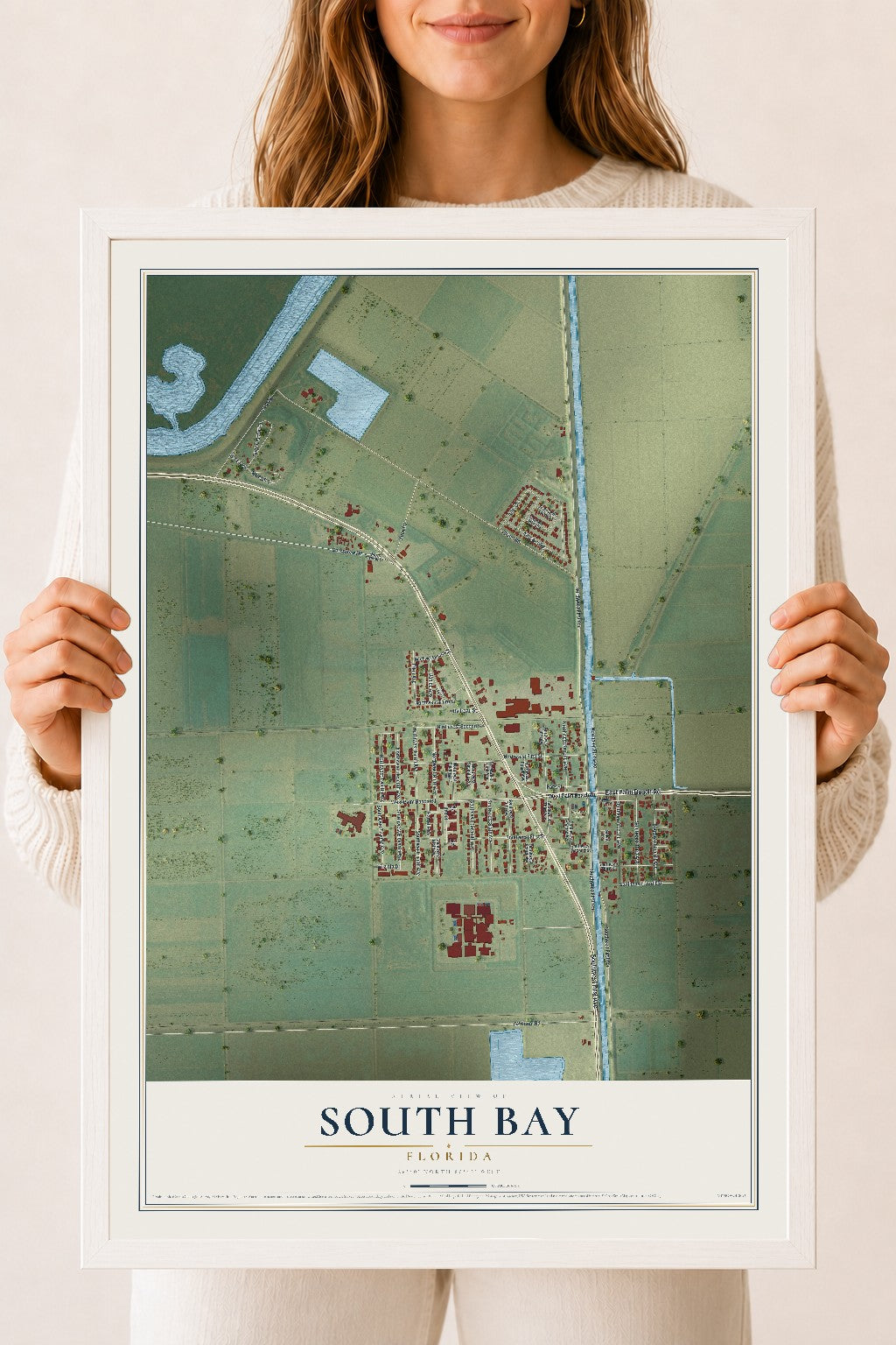 South Bay, Florida map print, 18" x 24" W/ White Ayous Wood Frame mockup