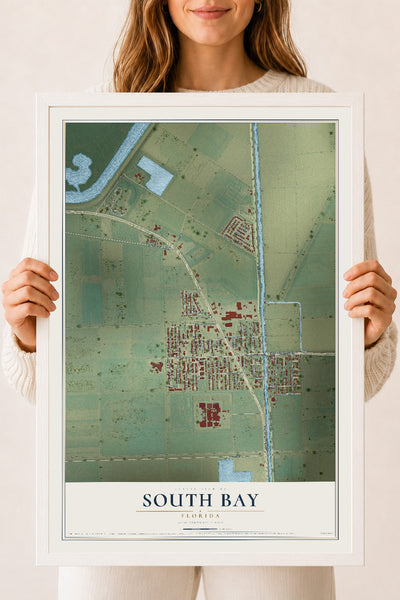 South Bay, Florida map print, 18" x 24" W/ White Ayous Wood Frame mockup
