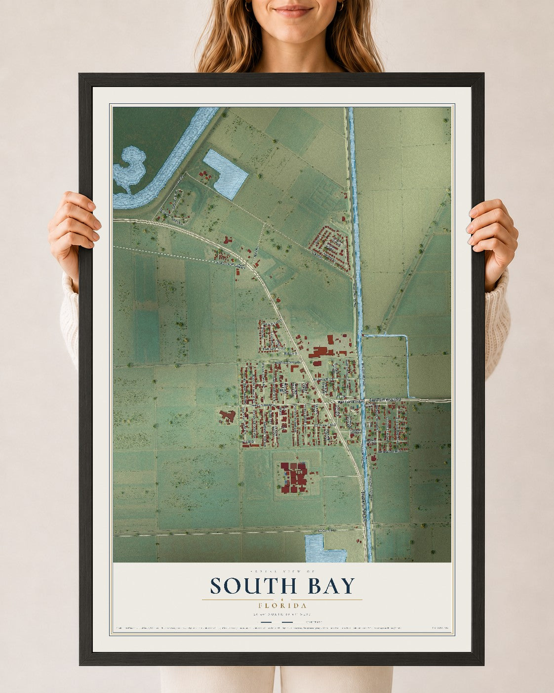 South Bay, Florida map print, 24" x 36" W/ Black Ayous Wood Frame mockup