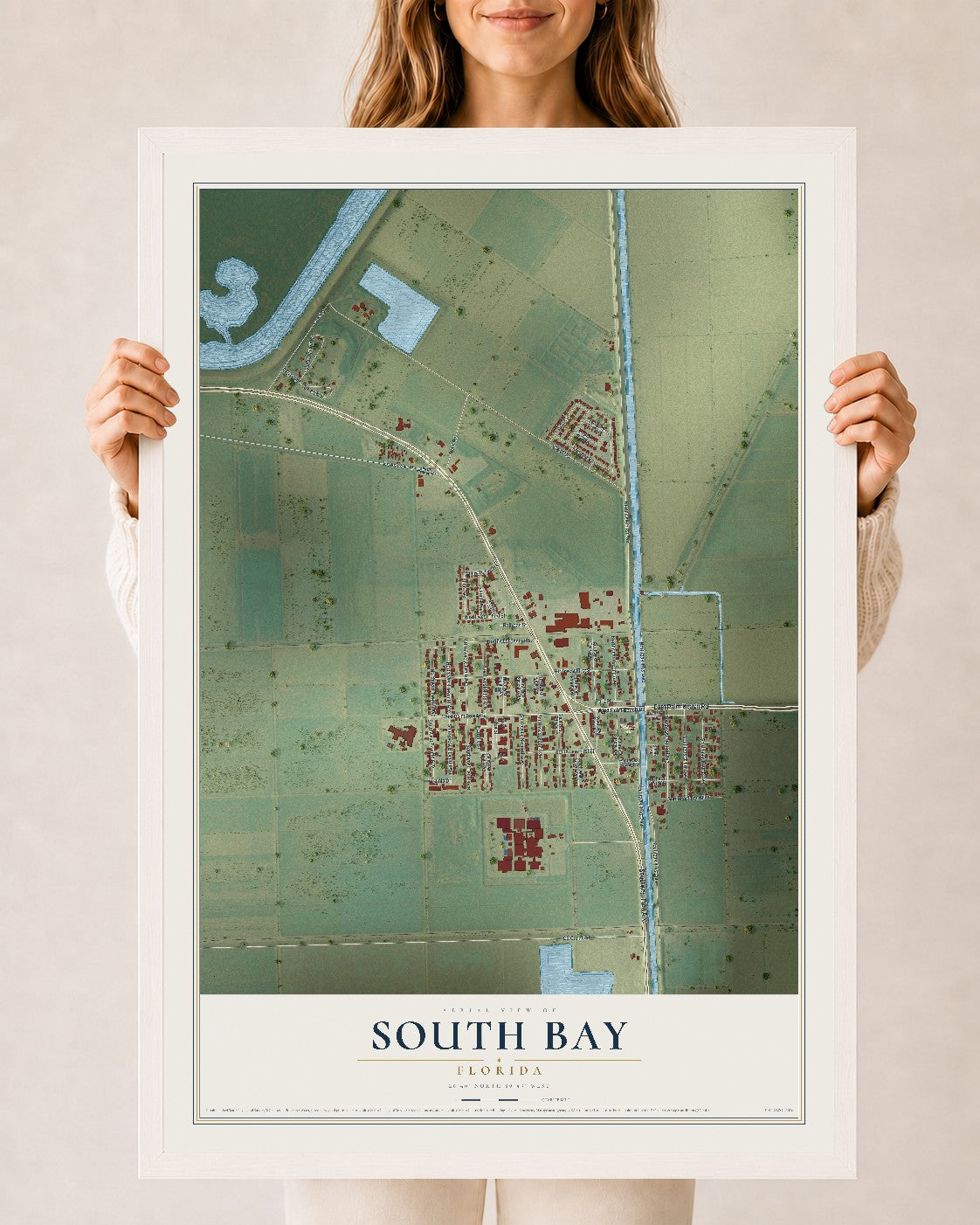 South Bay, Florida map print, 24" x 36" W/ White Ayous Wood Frame mockup