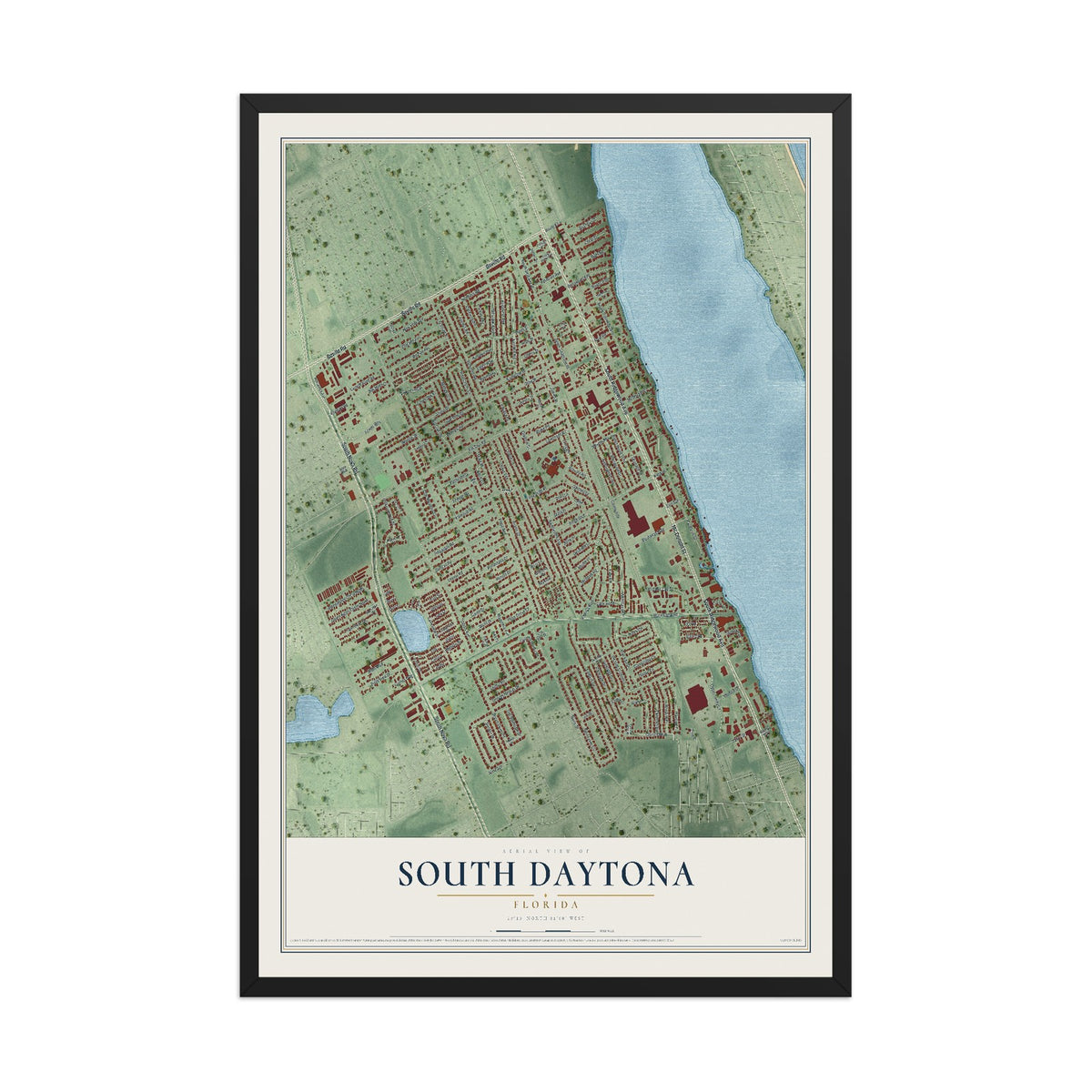 South Daytona, Florida map print, 12" x 18" W/ Black Ayous Wood Frame mockup