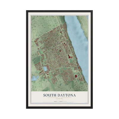 South Daytona, Florida map print, 12" x 18" W/ Black Ayous Wood Frame mockup