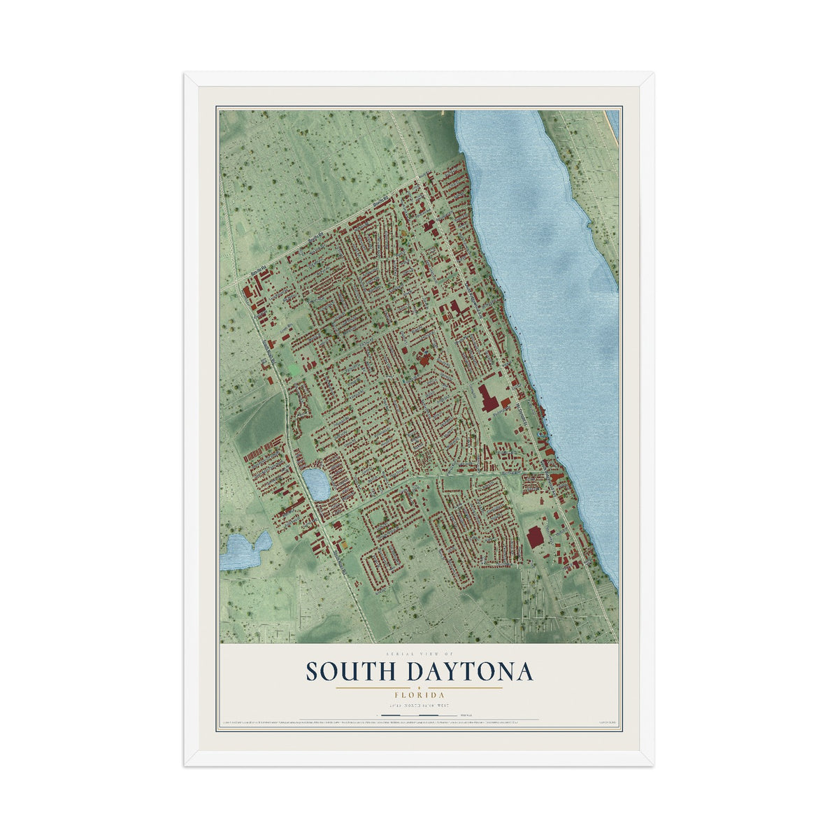 South Daytona, Florida map print, 12" x 18" W/ White Ayous Wood Frame mockup
