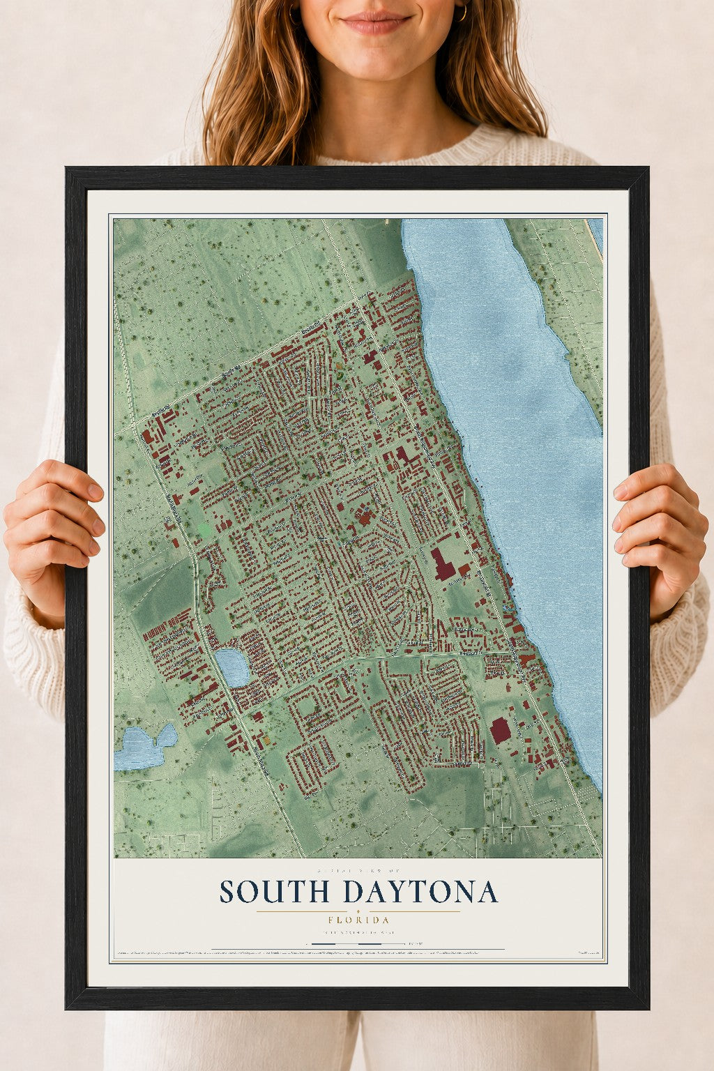 South Daytona, Florida map print, 18" x 24" W/ Black Ayous Wood Frame mockup