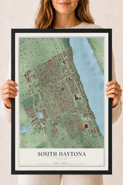 South Daytona, Florida map print, 18" x 24" W/ Black Ayous Wood Frame mockup