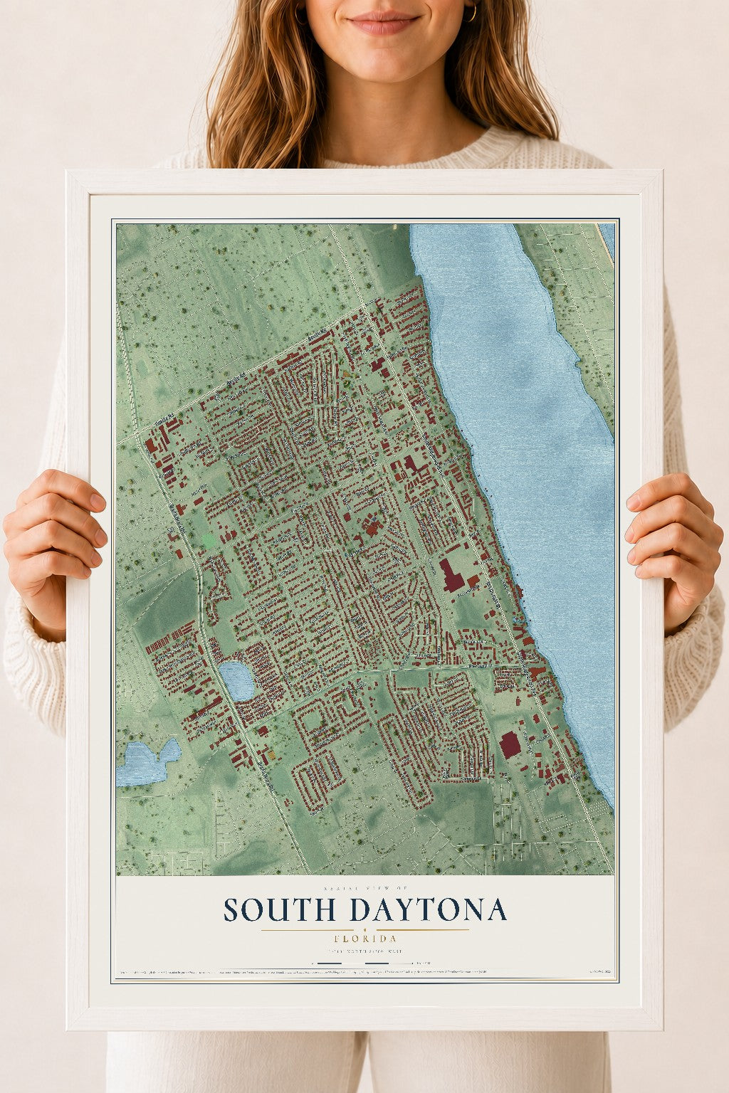South Daytona, Florida map print, 18" x 24" W/ White Ayous Wood Frame mockup