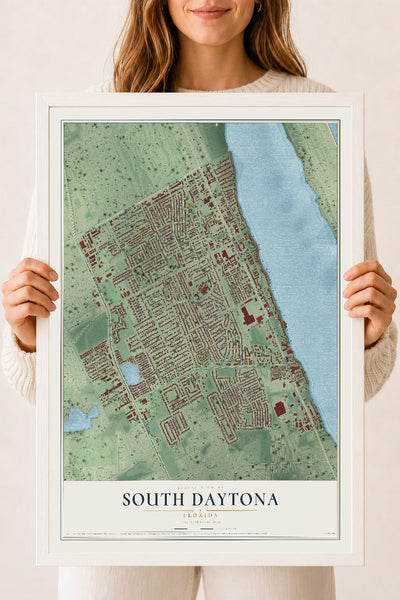 South Daytona, Florida map print, 18" x 24" W/ White Ayous Wood Frame mockup