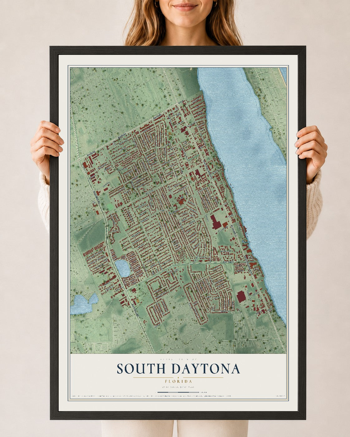 South Daytona, Florida map print, 24" x 36" W/ Black Ayous Wood Frame mockup