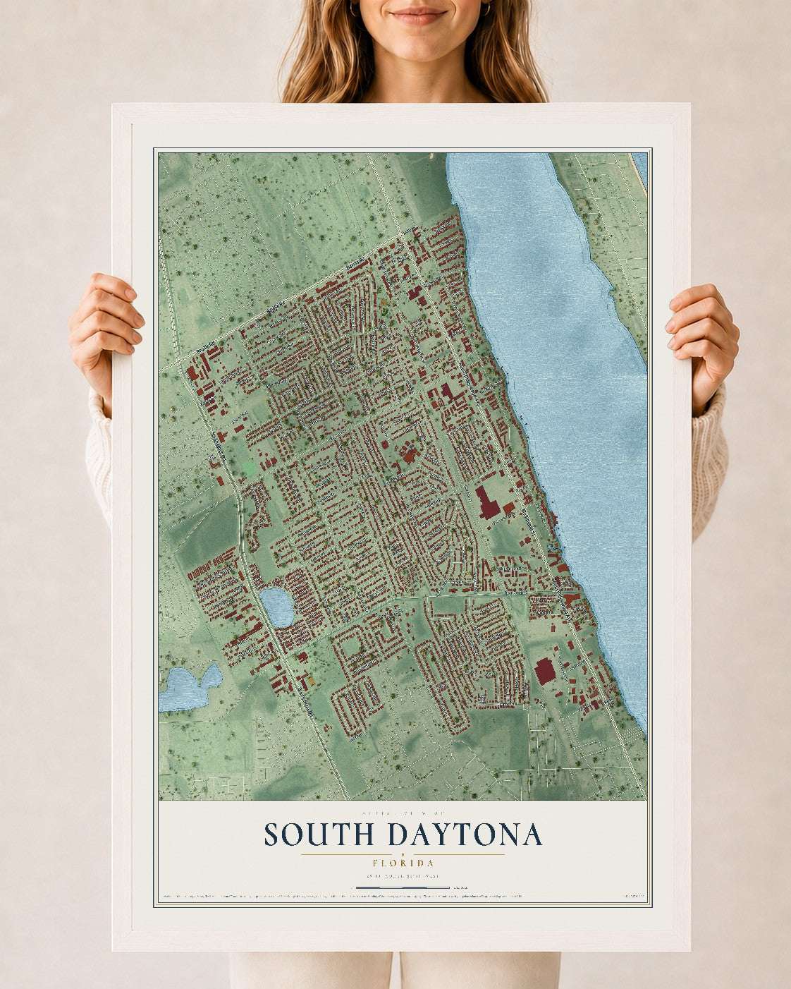 South Daytona, Florida map print, 24" x 36" W/ White Ayous Wood Frame mockup