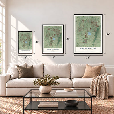 South Highpoint, Florida map in 12 x 18, 18 x 24 and 24 x 36 inch sizes above a sofa