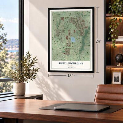 South Highpoint, Florida map, 18 x 24 inch print in a black frame in a home office