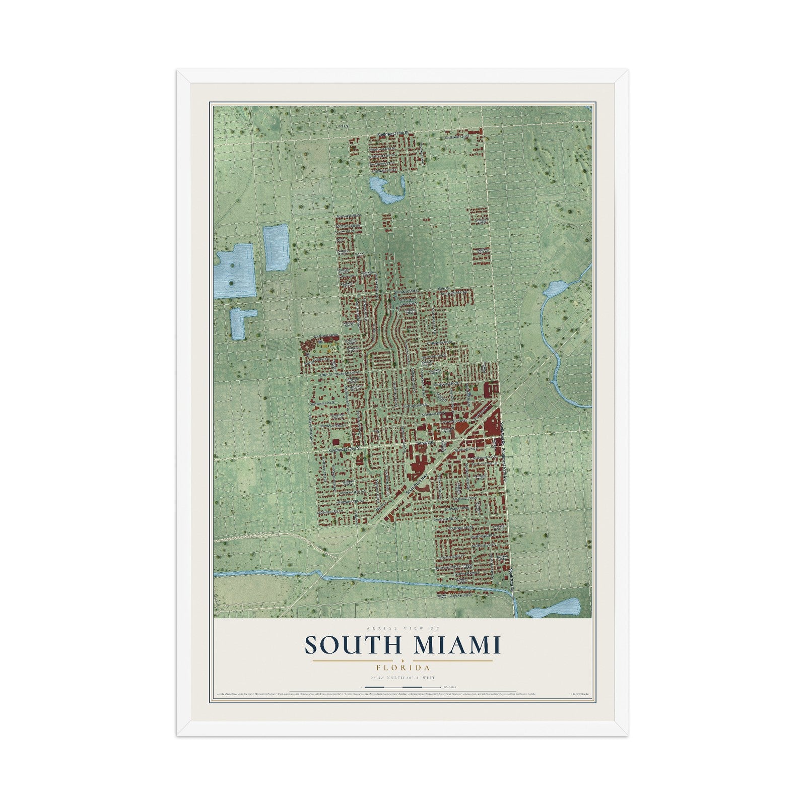 South Miami, Florida map print, 12" x 18" W/ White Ayous Wood Frame mockup