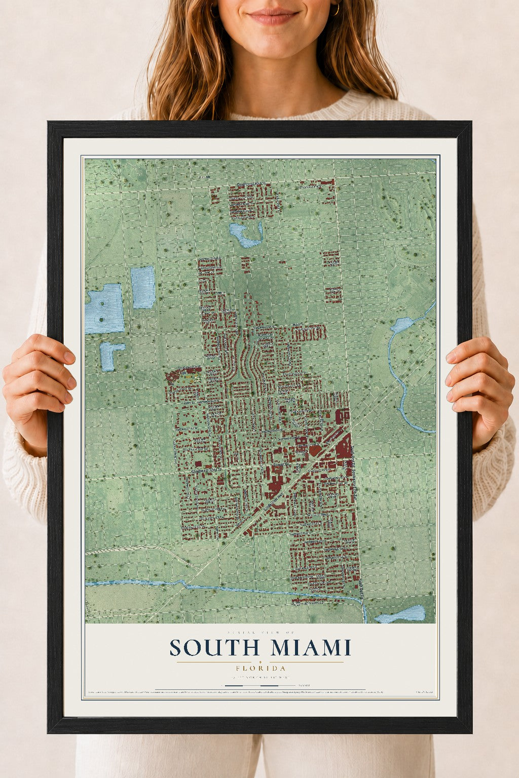 South Miami, Florida map print, 18" x 24" W/ Black Ayous Wood Frame mockup