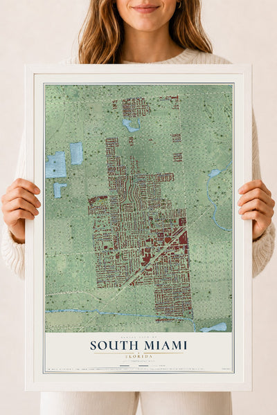 South Miami, Florida map print, 18" x 24" W/ White Ayous Wood Frame mockup