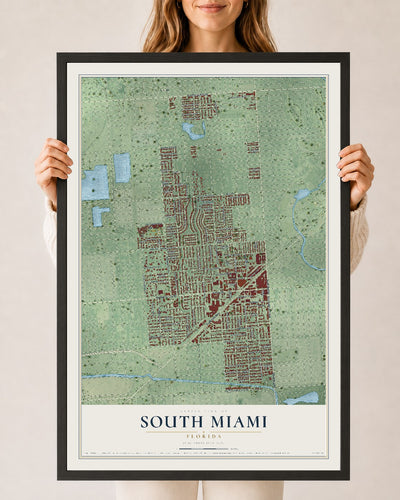 South Miami, Florida map print, 24" x 36" W/ Black Ayous Wood Frame mockup