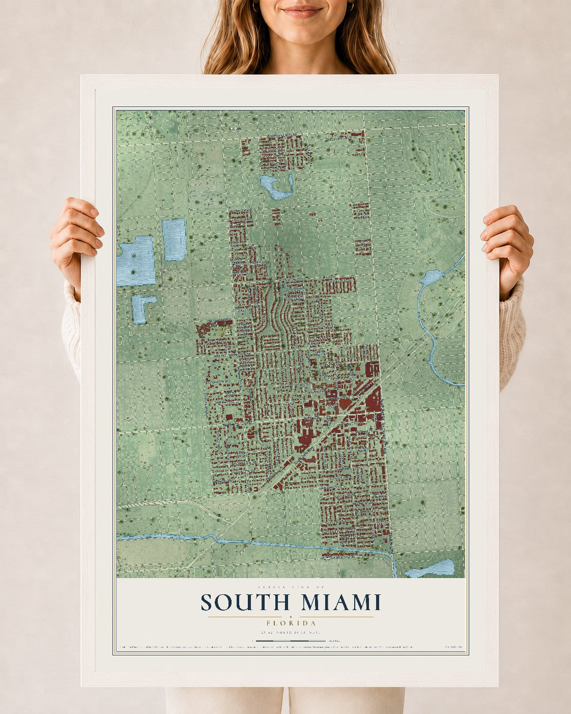 South Miami, Florida map print, 24" x 36" W/ White Ayous Wood Frame mockup