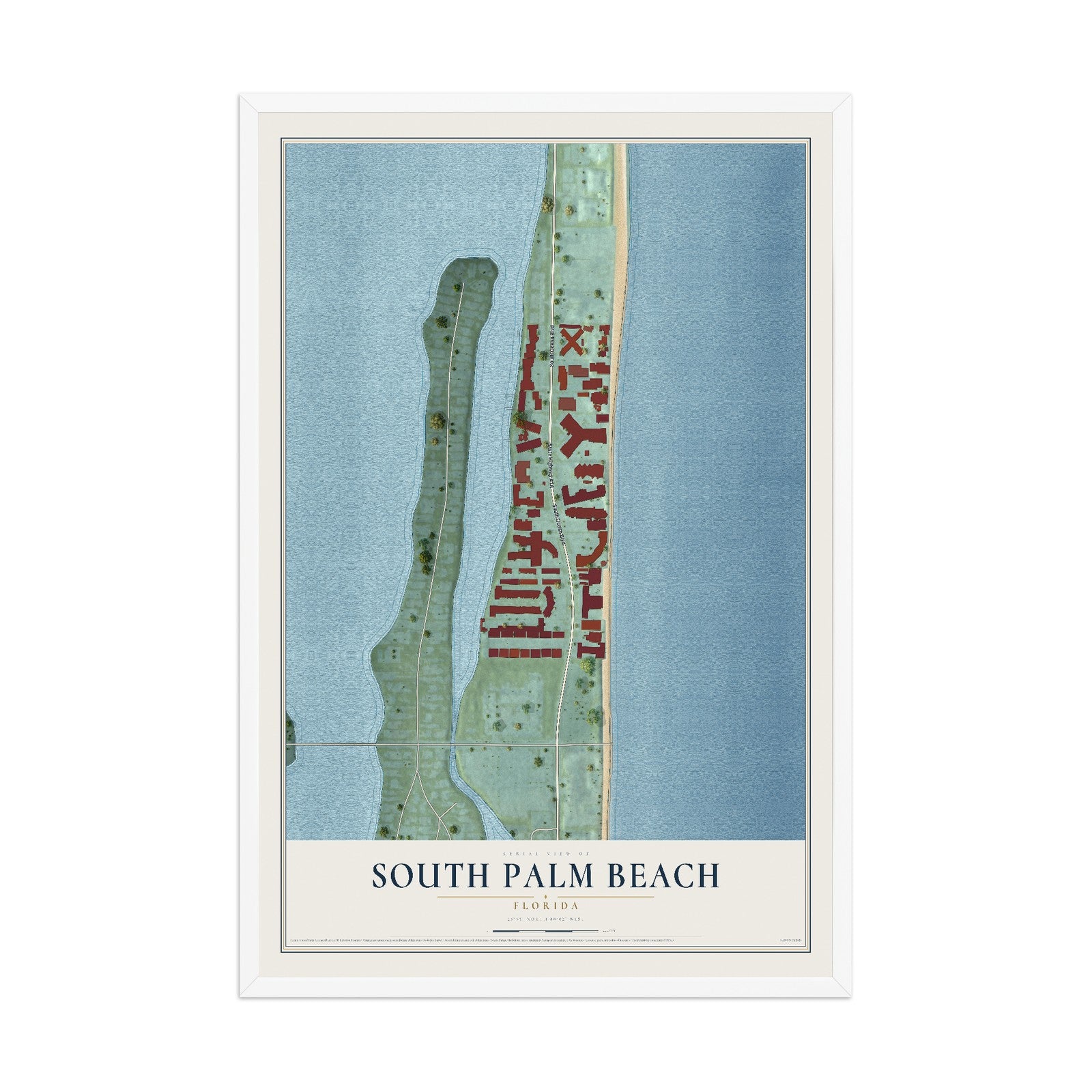 South Palm Beach, Florida map print, 12" x 18" W/ White Ayous Wood Frame mockup