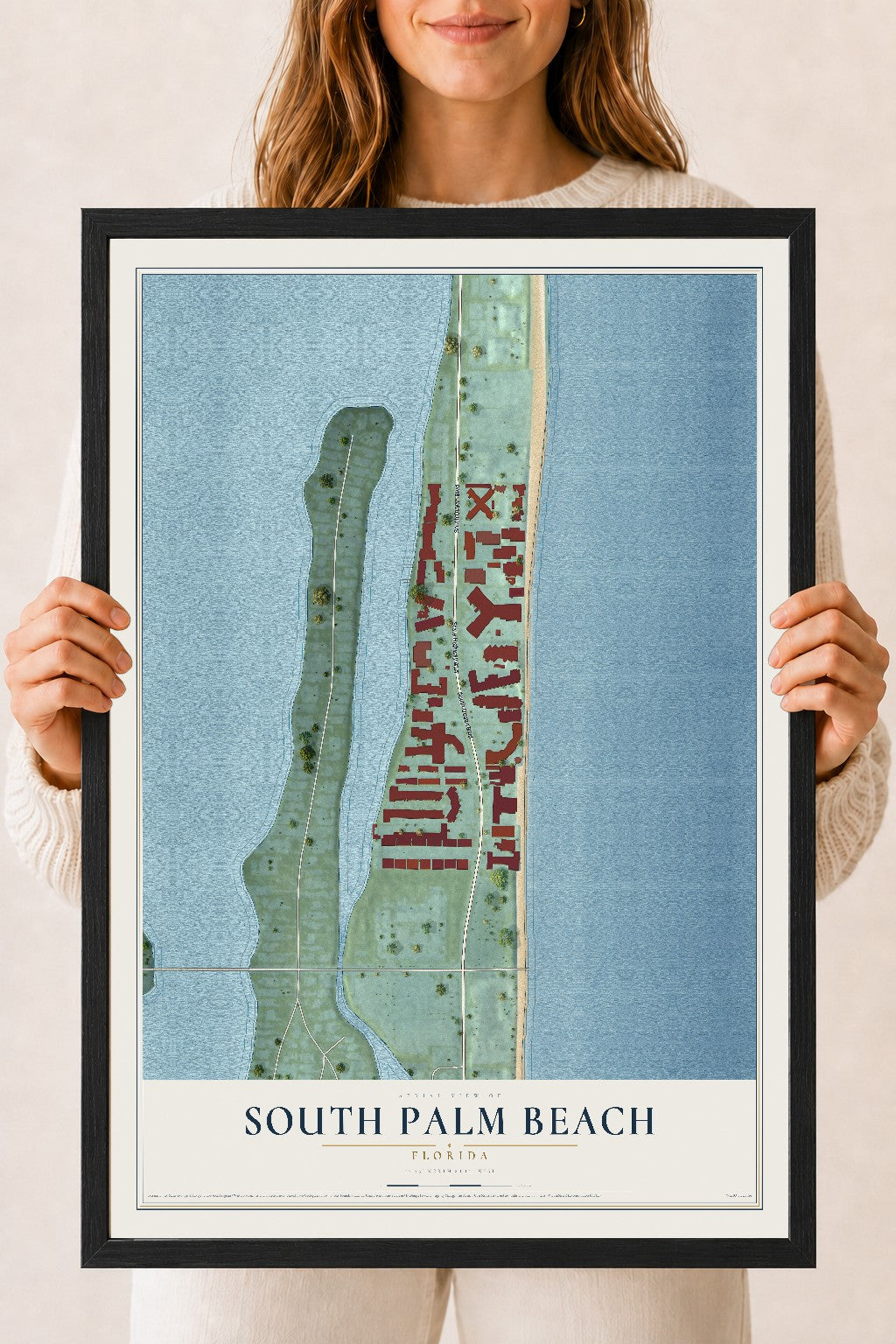 South Palm Beach, Florida map print, 18" x 24" W/ Black Ayous Wood Frame mockup