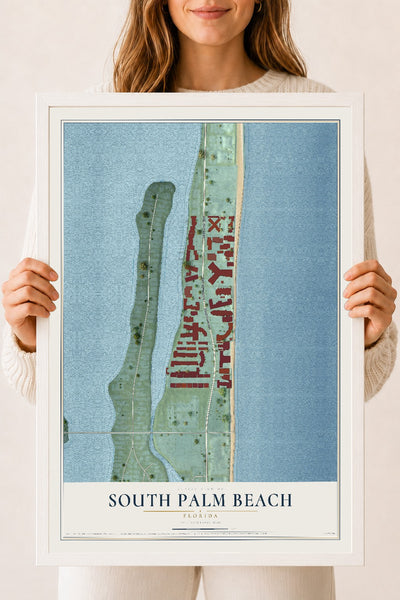 South Palm Beach, Florida map print, 18" x 24" W/ White Ayous Wood Frame mockup