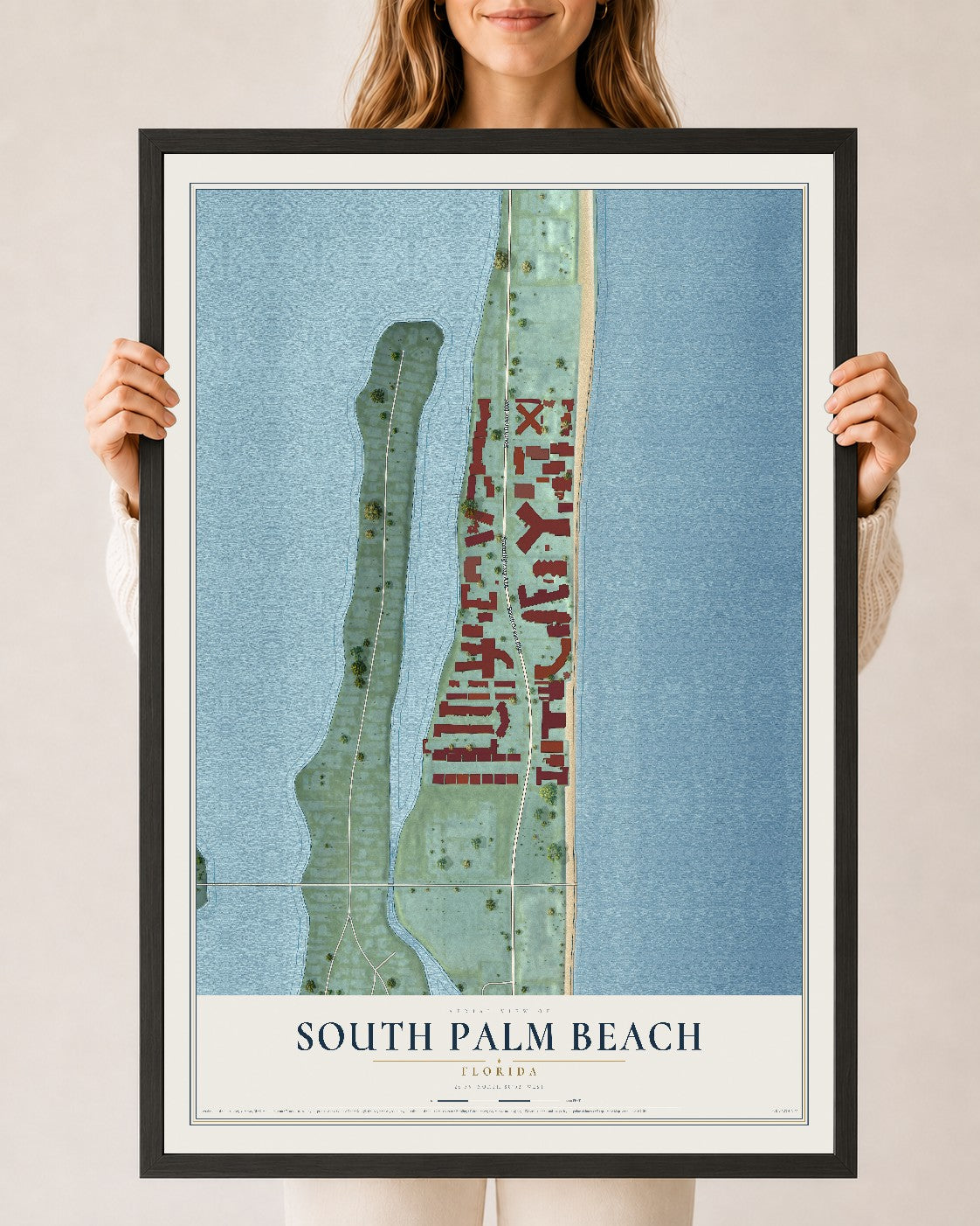 South Palm Beach, Florida map print, 24" x 36" W/ Black Ayous Wood Frame mockup