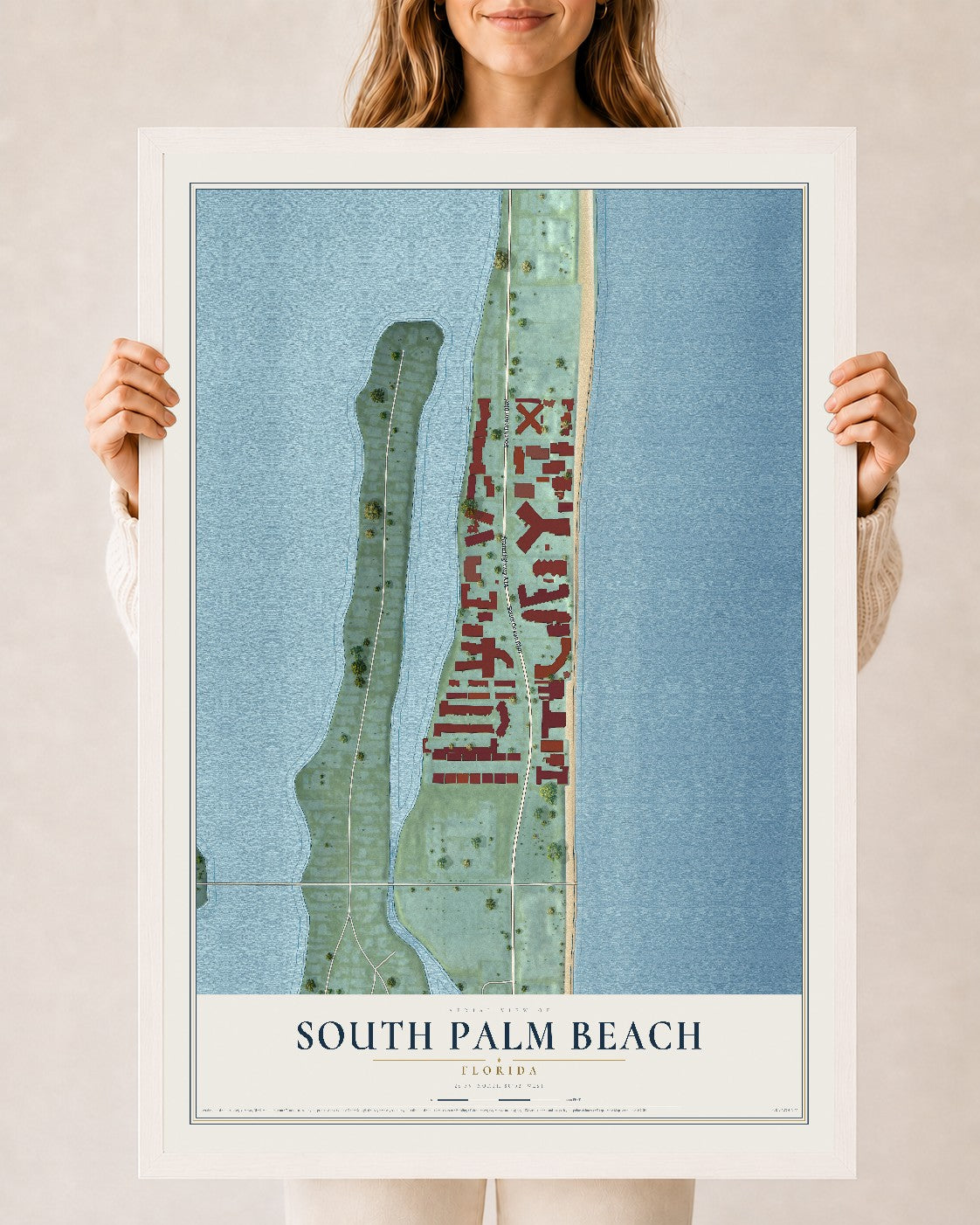 South Palm Beach, Florida map print, 24" x 36" W/ White Ayous Wood Frame mockup