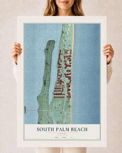 South Palm Beach, Florida map print, 24" x 36" W/ White Ayous Wood Frame mockup