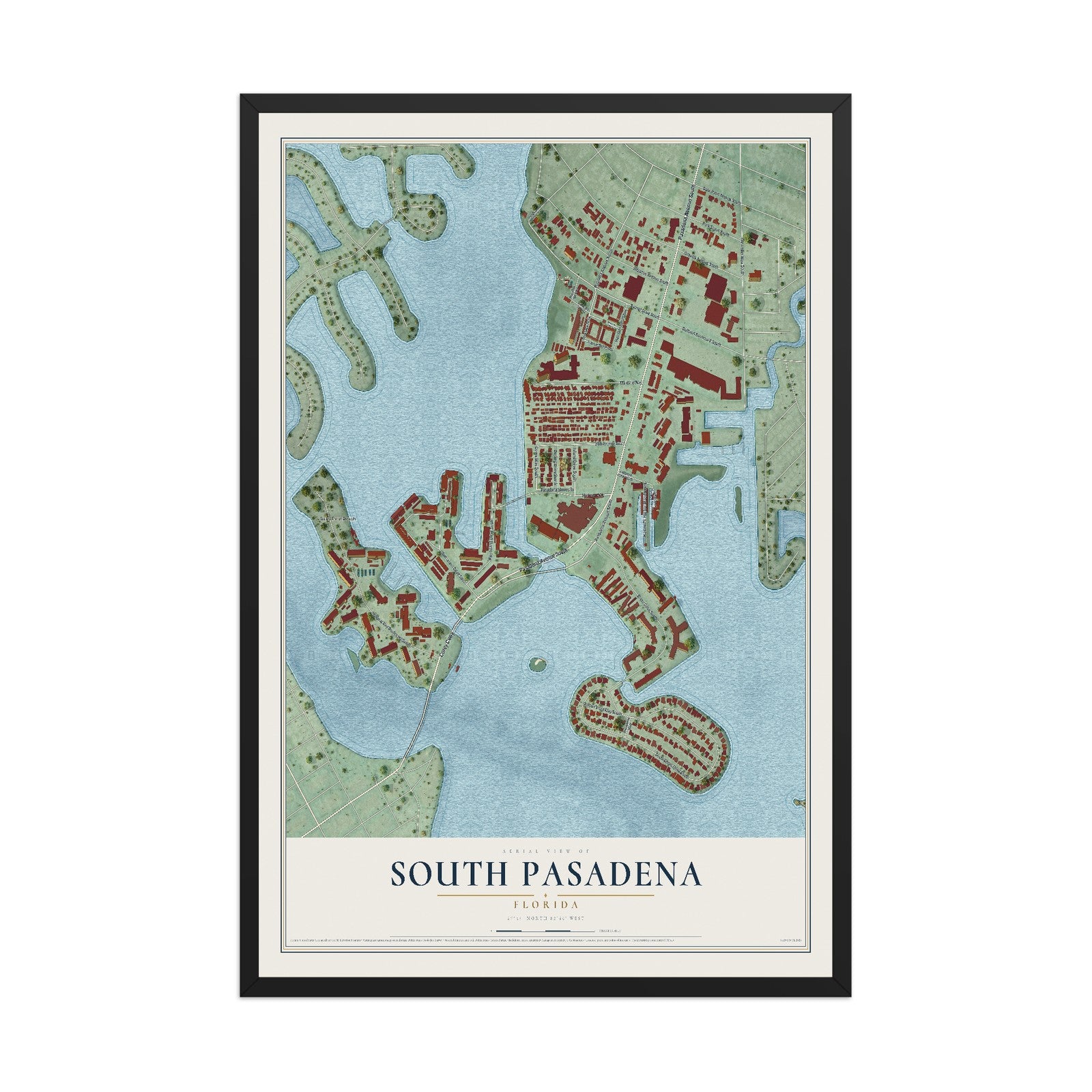 South Pasadena, Florida map print, 12" x 18" W/ Black Ayous Wood Frame mockup