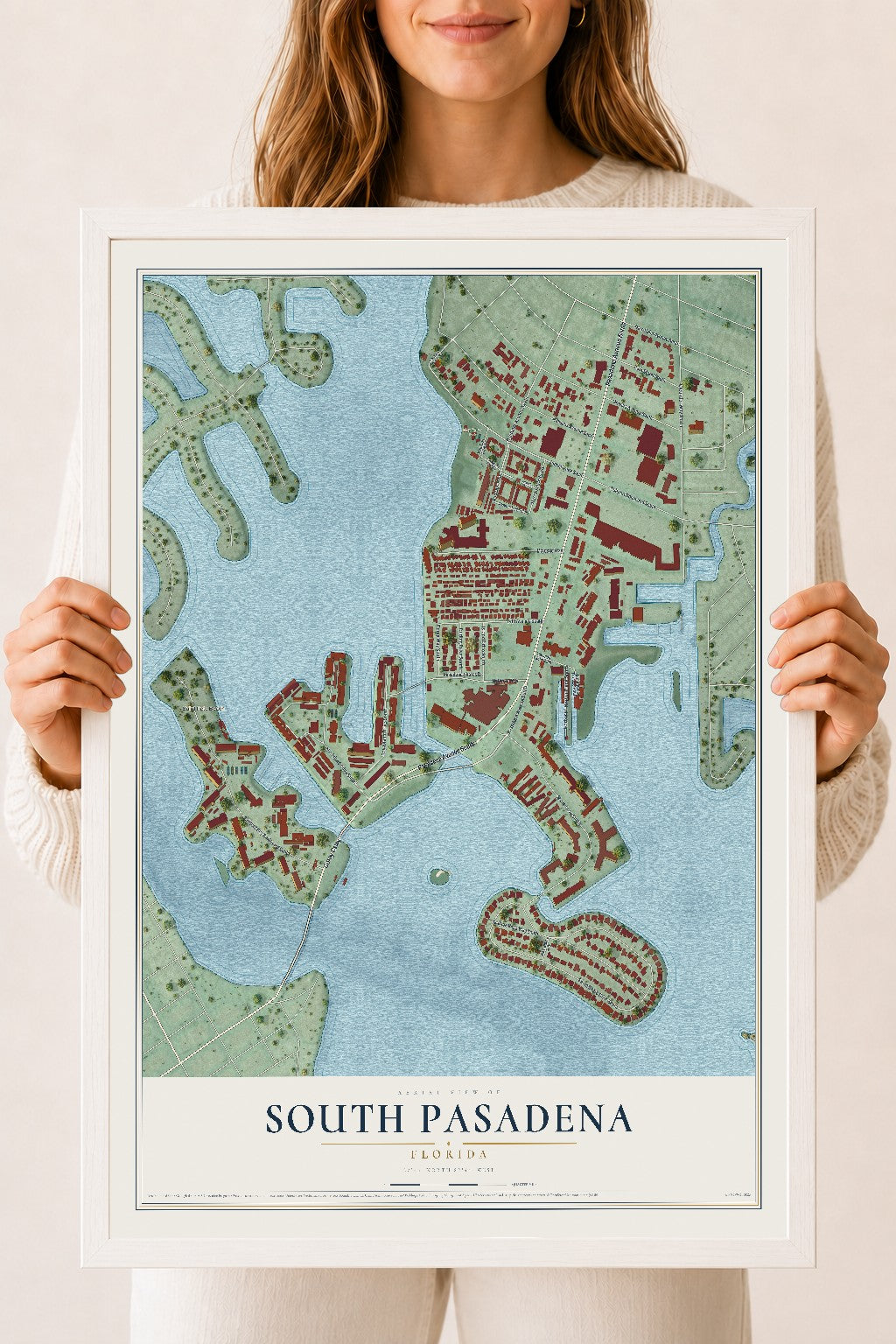 South Pasadena, Florida map print, 18" x 24" W/ White Ayous Wood Frame mockup