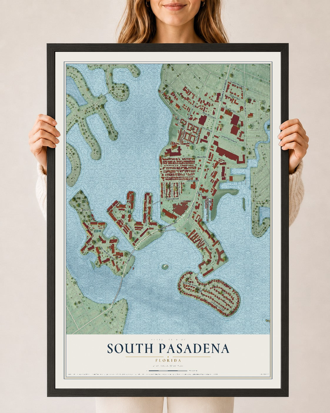 South Pasadena, Florida map print, 24" x 36" W/ Black Ayous Wood Frame mockup