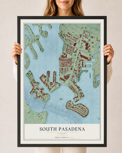 South Pasadena, Florida map print, 24" x 36" W/ Black Ayous Wood Frame mockup