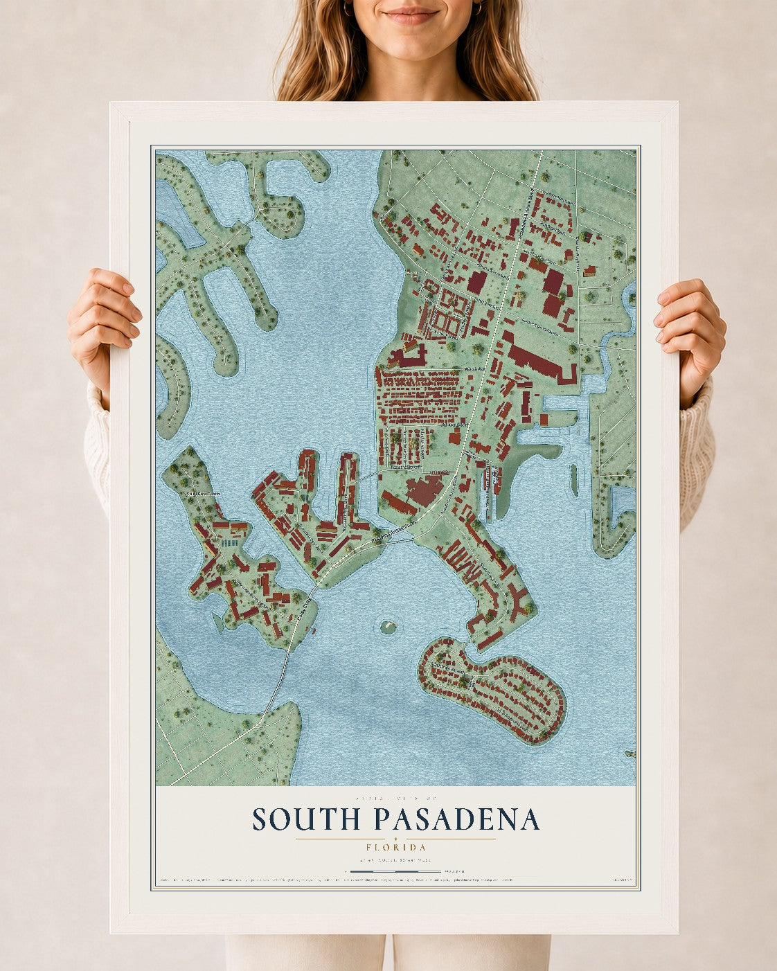 South Pasadena, Florida map print, 24" x 36" W/ White Ayous Wood Frame mockup