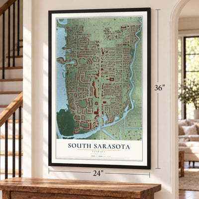 South Sarasota, Florida map, 24 x 36 inch print in a black frame by a staircase