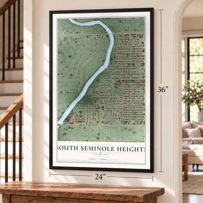 South Seminole Heights, Florida map, 24 x 36 inch print in a black frame by a staircase