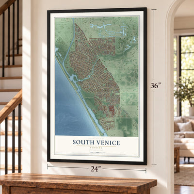 South Venice, Florida map, 24 x 36 inch print in a black frame by a staircase