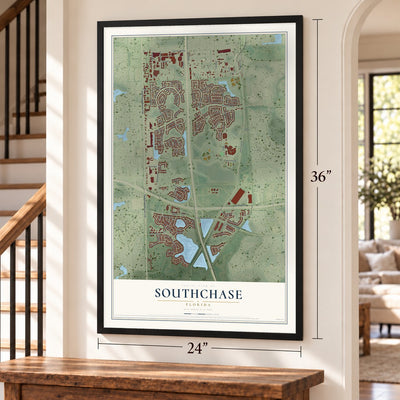 Southchase, Florida map, 24 x 36 inch print in a black frame by a staircase