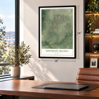 Southeast Arcadia, Florida map, 18 x 24 inch print in a black frame in a home office