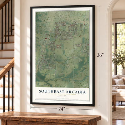Southeast Arcadia, Florida map, 24 x 36 inch print in a black frame by a staircase