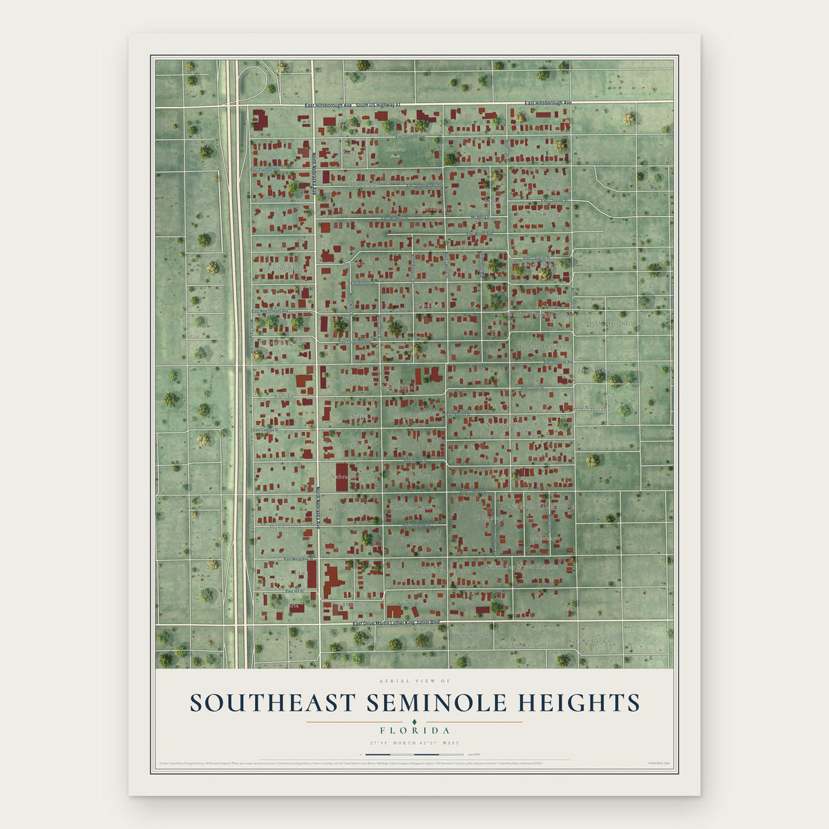 Southeast Seminole Heights, Florida map print, the full design
