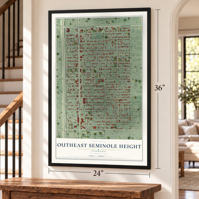 Southeast Seminole Heights, Florida map, 24 x 36 inch print in a black frame by a staircase