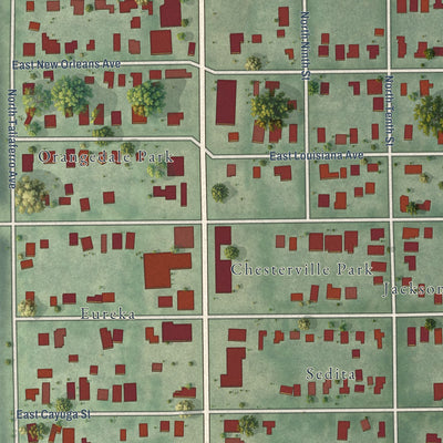 Close-up of the map of Southeast Seminole Heights, Florida print showing street and building detail