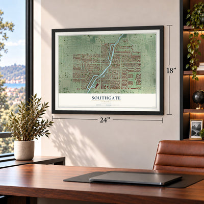 Southgate, Florida map, 18 x 24 inch print in a black frame in a home office