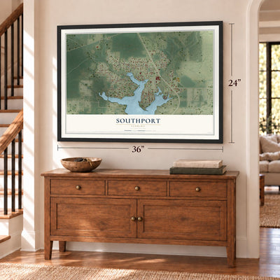 Southport, Florida map, 24 x 36 inch print in a black frame above a dresser by a staircase