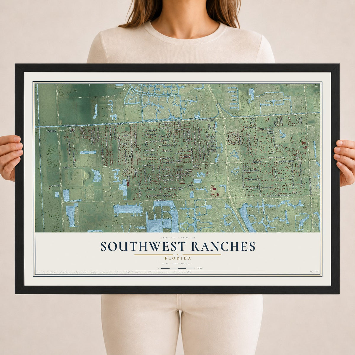 Southwest Ranches, Florida map print, 18" x 24" W/ Black Ayous Wood Frame mockup
