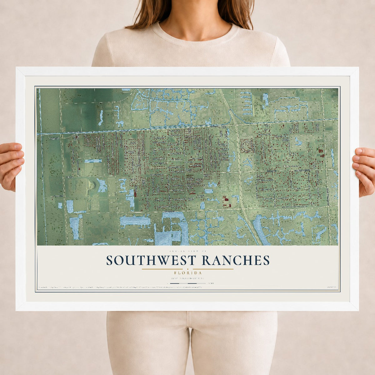 Southwest Ranches, Florida map print, 18" x 24" W/ White Ayous Wood Frame mockup